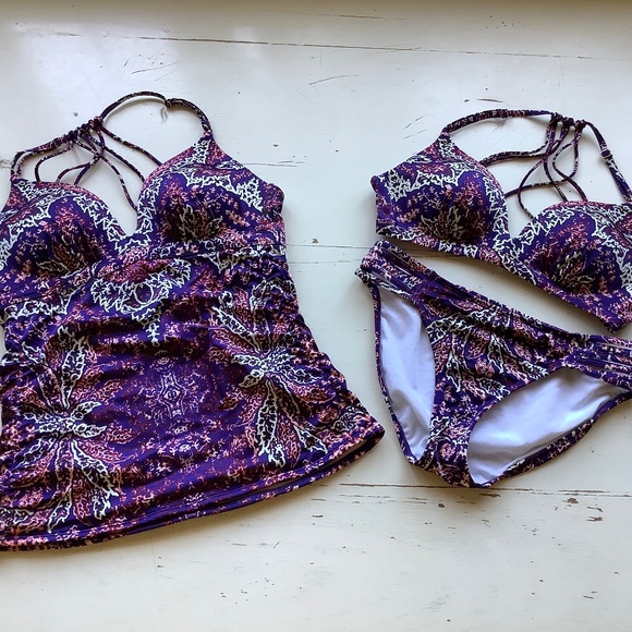 Athleta Other - 3 pIece ATHLETA Aqualuxe Paradise Print Molded Tankini bikini top bottoms SZ Med